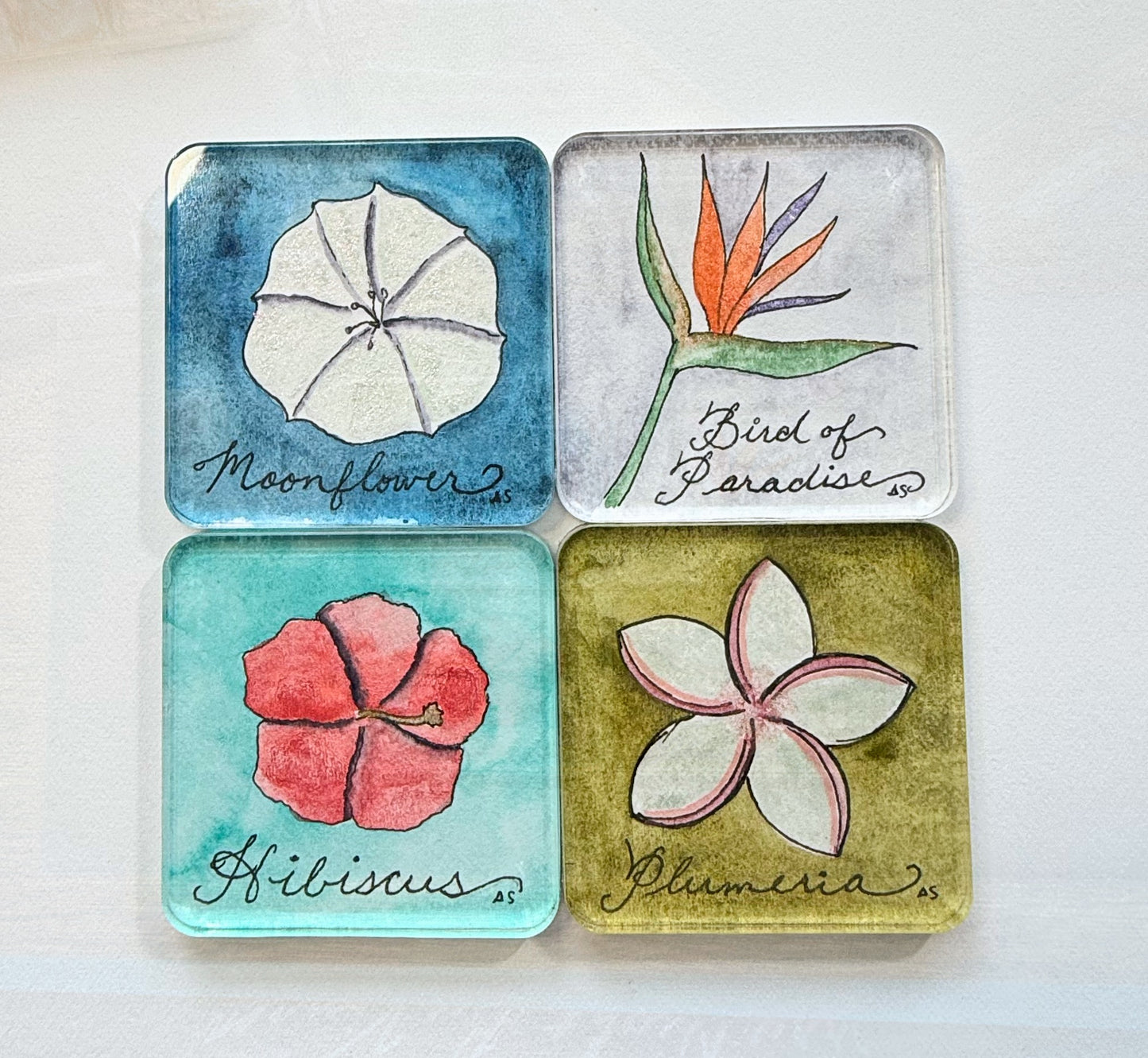 Tropical Flower Acrylic Magnets, set of four