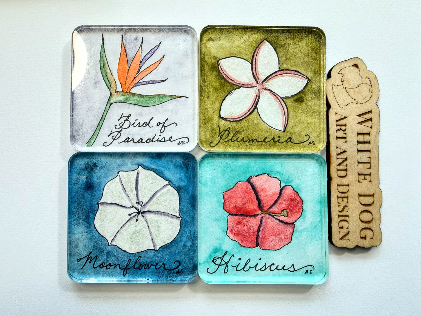 Tropical Flower Acrylic Magnets, set of four